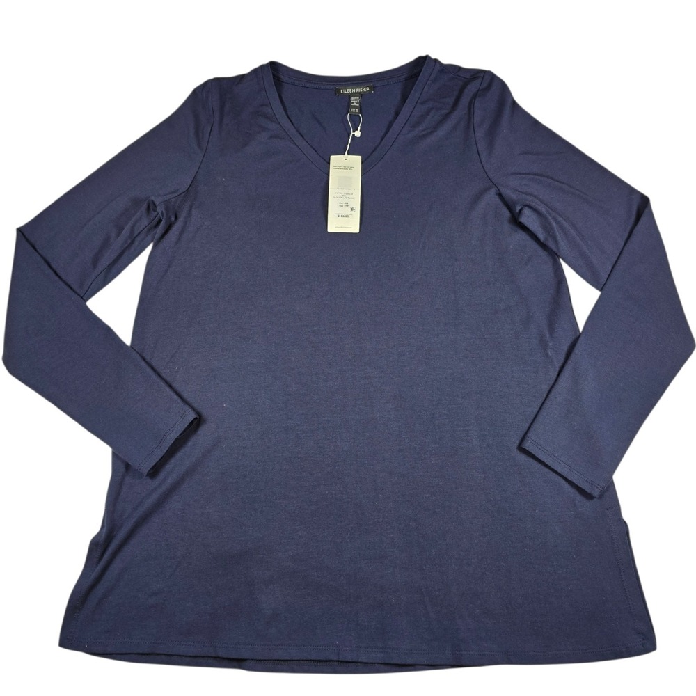 Eileen Fisher Navy Blue Stretch Jersey Long Sleeve V-Neck Tunic Womens Sz XS NWT